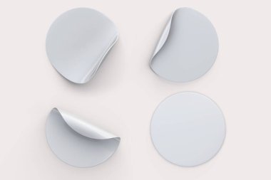 Boş beyaz yuvarlak kağıt etiketi beyaz arkaplanda izole edilmiş etiket seti koleksiyonunu uydur. 3d oluşturma.