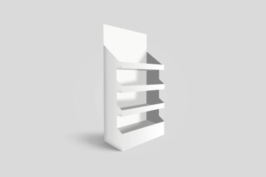 Boş beyaz mağaza ürünleri görüntüsü Gri bir arkaplanda izole edilmiş olarak görüntülenir. Sergi standı, sergi rafı. 3d oluşturma.
