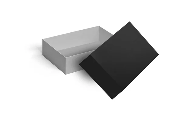 空の空白の靴箱白い背景に隔離されたモックアップ 蓋付きオープンシューズボックスのブランク モックアップ長方形ペーパーボックスコンテナ 3Dレンダリング — ストック写真