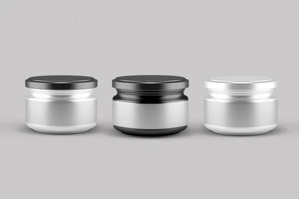 空的空白小玻璃瓶在灰色背景下被模拟隔离 零浪费生态友好的概念 可用于蜂蜜 鱼子酱或其它保鲜品的设计 3D渲染 — 图库照片