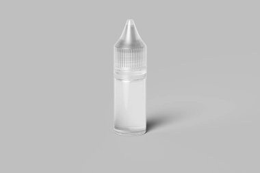 Boş boş, şeffaf, tek boynuzlu at şişesi. Arka planda izole bir şekilde duruyor. 3d oluşturma.