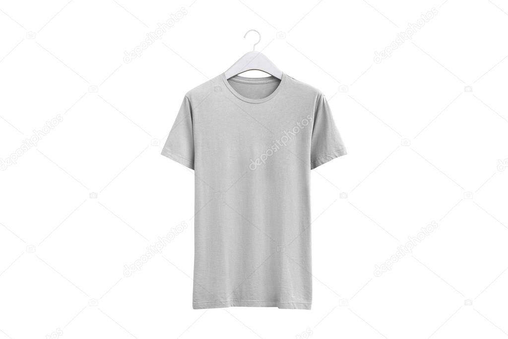 Empty blank t-shirt on hanger isolated on white background. t-shirt mockup template. Hanging t-shirt mock up ready for design. 3d rendering.
