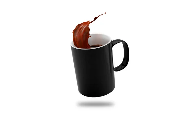 Üres Fekete Bögre Kiömlött Kávé Vagy Tea Fröccsenő Izolált Fehér — Stock Fotó