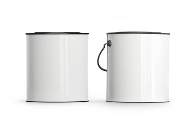 Boş beyaz metal boya beyaz arka planda izole edilebilir. 3D görüntüleme. Ön ve yan görünüm.
