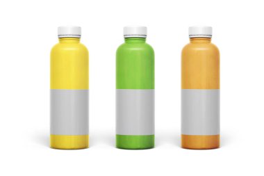 Taze elma, portakal ve elma suyu beyaz arka planda izole edilmiş plastik şişede. Sağlıklı beslenme. Detoks meyve suyu diyeti. 3D görüntüleme. Meyve suyu şişesi maketi. Meyve suyu şişesi maketi.