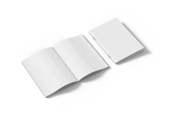 Prázdná Bílá Oboustranně Skládaná Katalogová Brožura Sešívačkami Mokup Šablony Pro — Stock fotografie
