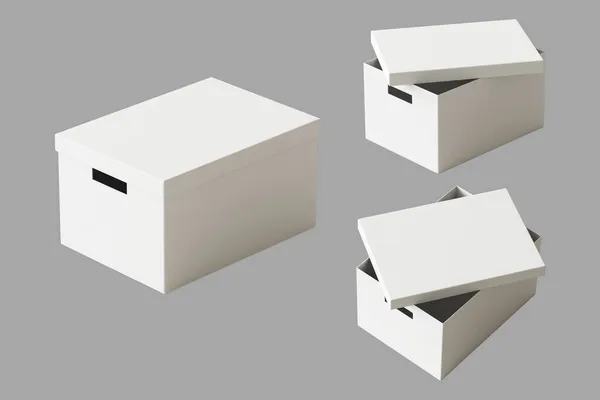 Blanco Blanco Cajas Cartón Cerradas Abiertas Con Orificios Mano Ranurados —  Fotos de Stock