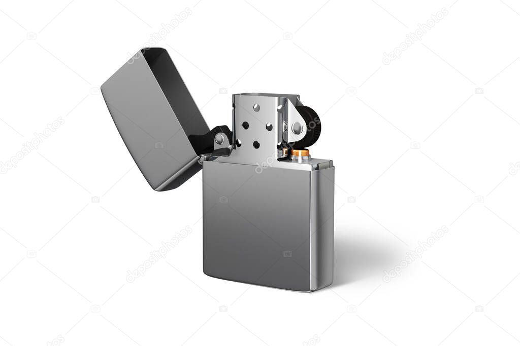 Metal style gasoline lighter. Surface closeup for your design. Windproof lighter isolated on white background. Blank cigar lighter mockup element. 3D rendering.
