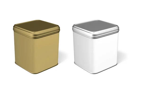 现实的3D银和金空白金属茶罐可以盛装帽子矩形或正方形图标 在白色背景上隔离特写 为图形设计模板 3D渲染 — 图库照片