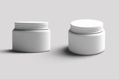 Kozmetik paketi. Yuvarlak temizleme kremi plastik kutu kabı üstü ve yan görünüş modeli gri arka planda izole edilmiş. 3d oluşturma.