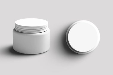 Kozmetik paketi. Yuvarlak temizleme kremi plastik kutu kabı üstü ve yan görünüş modeli gri arka planda izole edilmiş. 3d oluşturma.