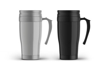 Siyah ve beyaz termos kapları beyaz arka plan 33D görüntüleme şablonu izole.