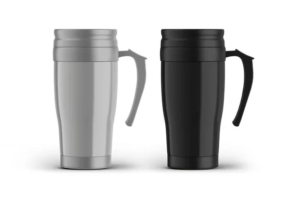 Zwart Wit Set Thermos Cups Mockup Template Geïsoleerd Witte Achtergrond — Stockfoto