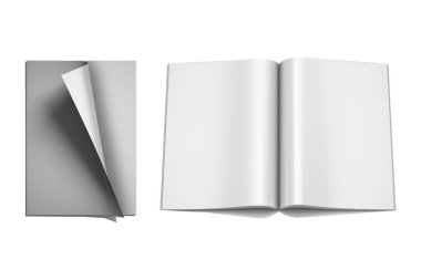 Boş dergi kapağı ve beyaz arkaplanda izole edilmiş parlak kağıt şablonu olan açık sayfalar. 3d oluşturma.