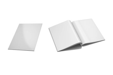 Boş dergi kapağı ve beyaz arkaplanda izole edilmiş parlak kağıt şablonu olan açık sayfalar. 3d oluşturma.