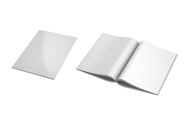 Boş dergi kapağı ve beyaz arkaplanda izole edilmiş parlak kağıt şablonu olan açık sayfalar. 3d oluşturma.
