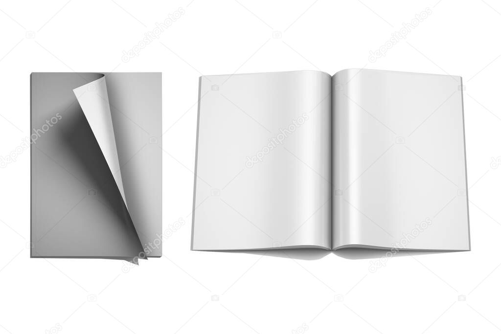 Blank magazine cover and open pages with glossy paper mockup template isolated on white background. 3d rendering.