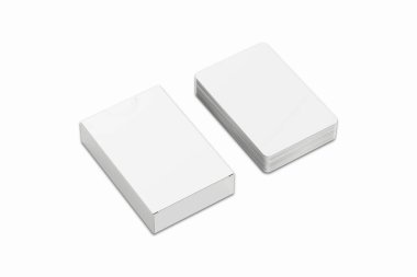 Boş kart paketleri 3D bir arka planda izole edilmiş gibi duruyor. Boş iskambil kağıtları paketleme kutusu modellemesi. 