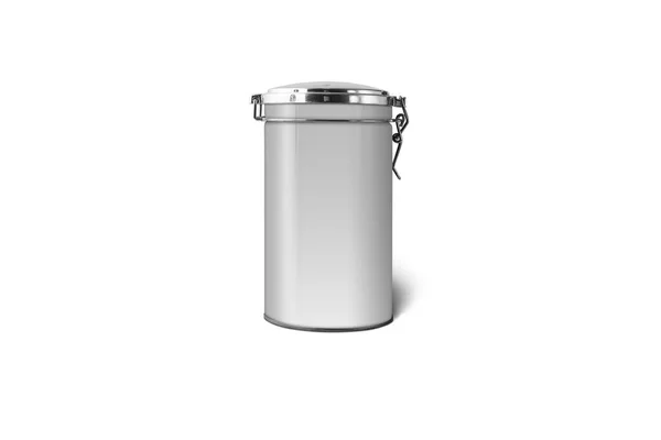 空白平茶包装容器 白色背景隔离 金属矩形罐装茶 3D渲染 生态友好型零废物概念 — 图库照片