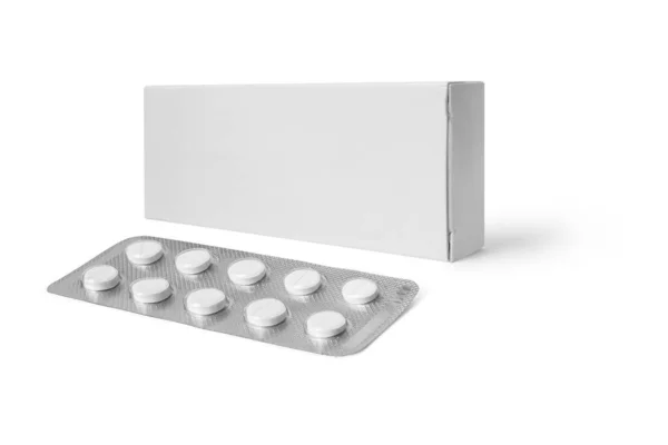 Prázdný Prázdný Bílý Obal Krabička Pro Blistr Pilulek Izolované Bílém — Stock fotografie