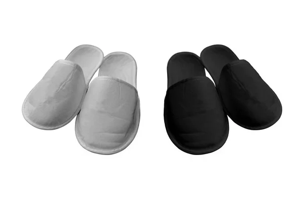 Blank White Dan Black Hotel Slippers Set Closeup Terisolasi White — Stok Foto