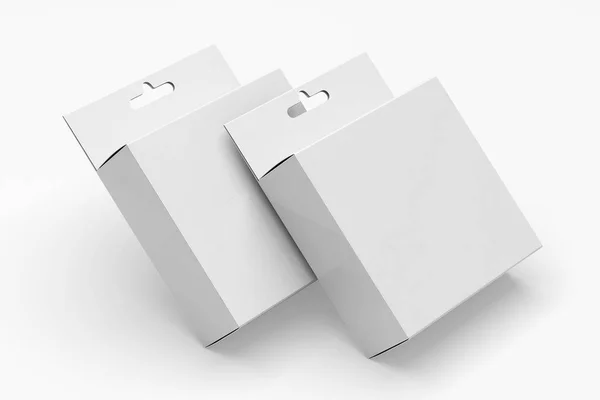 Cajas Blancas Blanco Mockups Con Hang Tab Aislado Fondo Blanco —  Fotos de Stock