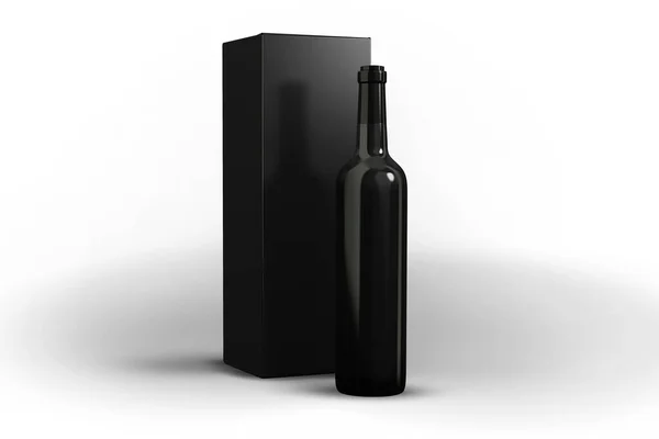 Vinflaska Med Etikett Och Box Förpackning Mockup Isolerad Vit Bakgrund — Stockfoto