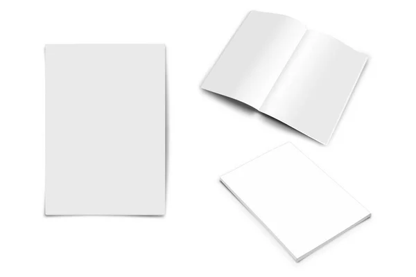 空白杂志正面和背面的封面和透视蔓延 一堆堆杂志 在白色背景上孤立地模拟 3D渲染 — 图库照片