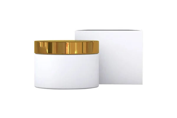 Frasco Cosmético Plástico Branco Branco Com Tampa Dourada Maquete Caixa — Fotografia de Stock