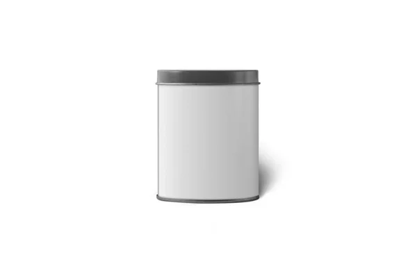 空白平茶包装容器 白色背景隔离 金属矩形罐装茶 3D渲染 生态友好型零废物概念 — 图库照片
