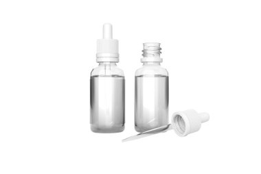 Arka planda kapalı ve açık şişe maketi var. Pipet ve şeker kutulu ampul, kozmetik için küçük bir şişe. 3d oluşturma.