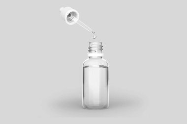 Arka planda kapalı ve açık şişe maketi var. Pipet ve şeker kutulu ampul, kozmetik için küçük bir şişe. 3d oluşturma.