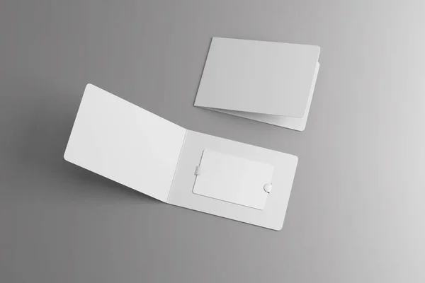 Blank white plastic card mockup inside paper booklet holder, 3d rendering. Clear foldable loyalty program brochure with certificate mockup. Loyal customer booklet envelope template.