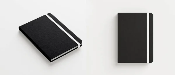 灰色の背景に隔離されたバンドモックアップ付きブラックノートブック 上と側の景色 3Dレンダリング — ストック写真