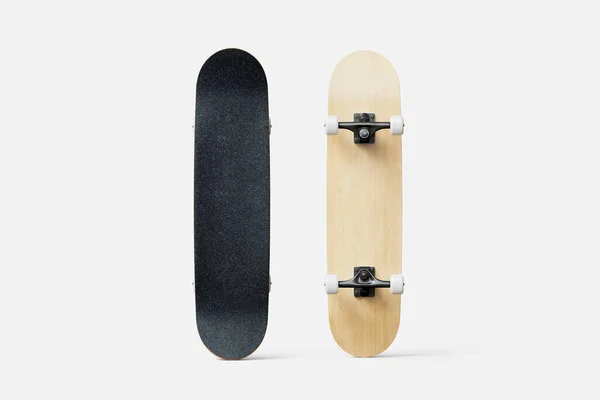 Sort Træ Skateboard Mockup Isoleret Hvid Baggrund Forreste Bageste Side - Stock-foto