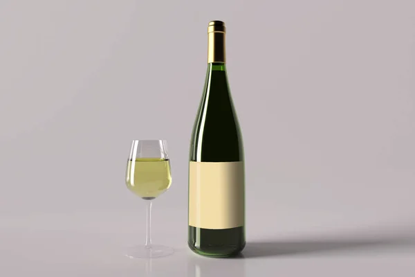 白ワインボトルと背景にブランクのラベルが付いたワインのガラス 3Dレンダリング — ストック写真