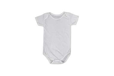 Beyaz arka planda boş, beyaz, kolsuz, bebek arabası maketi. 3D görüntüleme. Ön ve arka görünüm.