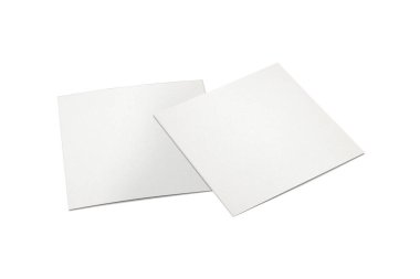 Beyaz arka planda boş beyaz çift kare broşür modeli var. Çift katlı broşür, şablonu oluşturur. 3D Hazırlama. Broşür. Beyaz kart üzerindeki boş kare tebrik kartları..