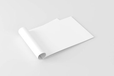 Boş kare fotorealistik broşür modeli beyaz arka planda izole edilmiş, 3D görüntüleme. Kapat, aç, ön ve arka kapak tasarımı katalog, dergi veya broşür.