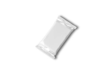 Boş folyo ambalaj tasarımı, beyaz arkaplanda izole edilmiş yiyecek kabı şablonu. 3D görüntüleme. Protein veya çikolata, abur cubur ve tatlı tasarımı için kullanılabilir..