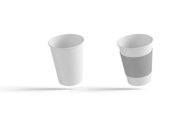 Gri bir arka planda izole edilmiş kahve hokkası modeli. Kahve ya da kafe tasarımı için iki karton kahve fincanı ve Kraft kağıt alışveriş torbası hazır. 3D görüntüleme. Çevre dostu ve sıfır atık.