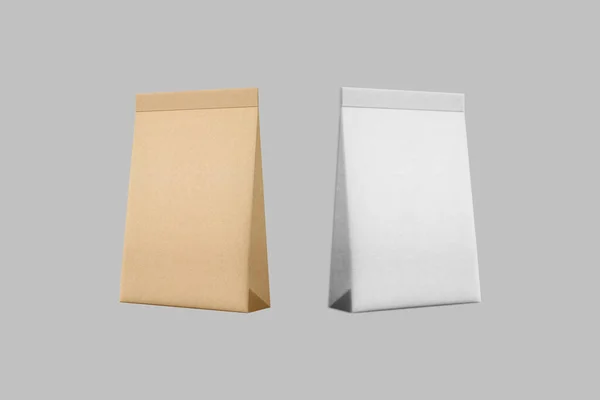 空白の茶色のクラフトと白い背景に隔離された白い紙の食品袋のモックアップ 3Dレンダリング 環境に優しく廃棄物ゼロのコンセプト — ストック写真