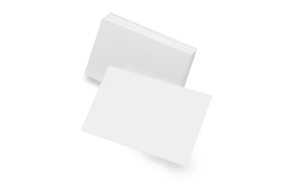 Üres Fehér Névjegykártyák Mockup Elszigetelt Fehér Háttér Mockup Reális Csökkenő — Stock Fotó
