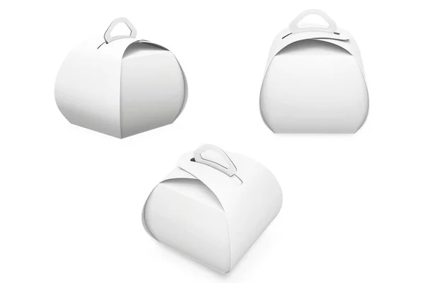 空白の白いケーキボックスのモックアップ孤立した ケーキ用ハンドルモックアップ付きギフト包装箱 3Dレンダリング フロント トップ サイドビュー — ストック写真