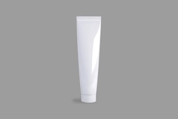 Blanco Witte Cosmetische Buis Met Box Mockup Geïsoleerd Een Grijze — Stockfoto