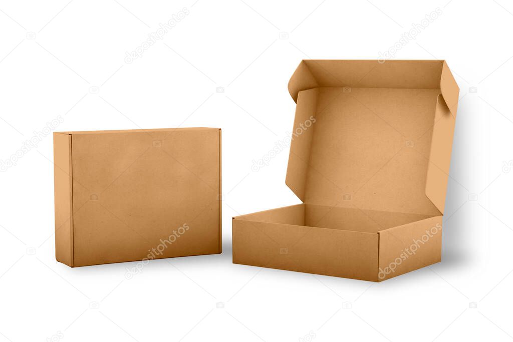 Two closed and open brown kraft cardboard delivery shipping box mockup isolated on white background. 3d rendering.
