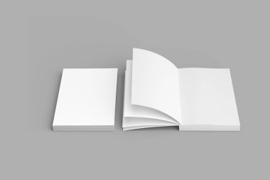 Boş boş beyaz açık ve kapalı yumuşak kapak kitap modeli beyaz arka plan 33d oluşturma izole.
