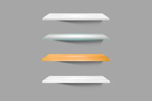 Set Wooden Glass Shelves Mockup Isolated White Background Rendering — Stock Photo, Image