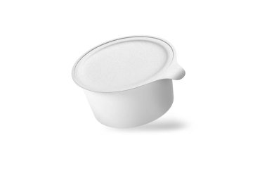 Yoğurt, krema, tatlı ya da reçel için folyo kaplı yuvarlak, parlak plastik kap. 200 ml. Gerçekçi ambalaj şablonu. Yan görüş. 3d oluşturma.