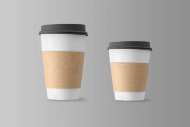 İki büyük boy kahve fincanı, latte ya da cappuccino ve americano tek kullanımlık kahve fincanı paket olsun. Gri arka planda izole edilmiş bir model. 3D görüntüleme. sıfır atık ve çevre dostu.